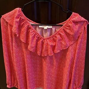 LOFT Red with white hearts Ruffle Blouse